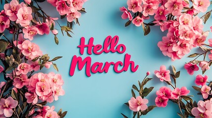 Pink blossoms frame "Hello March" on blue background.