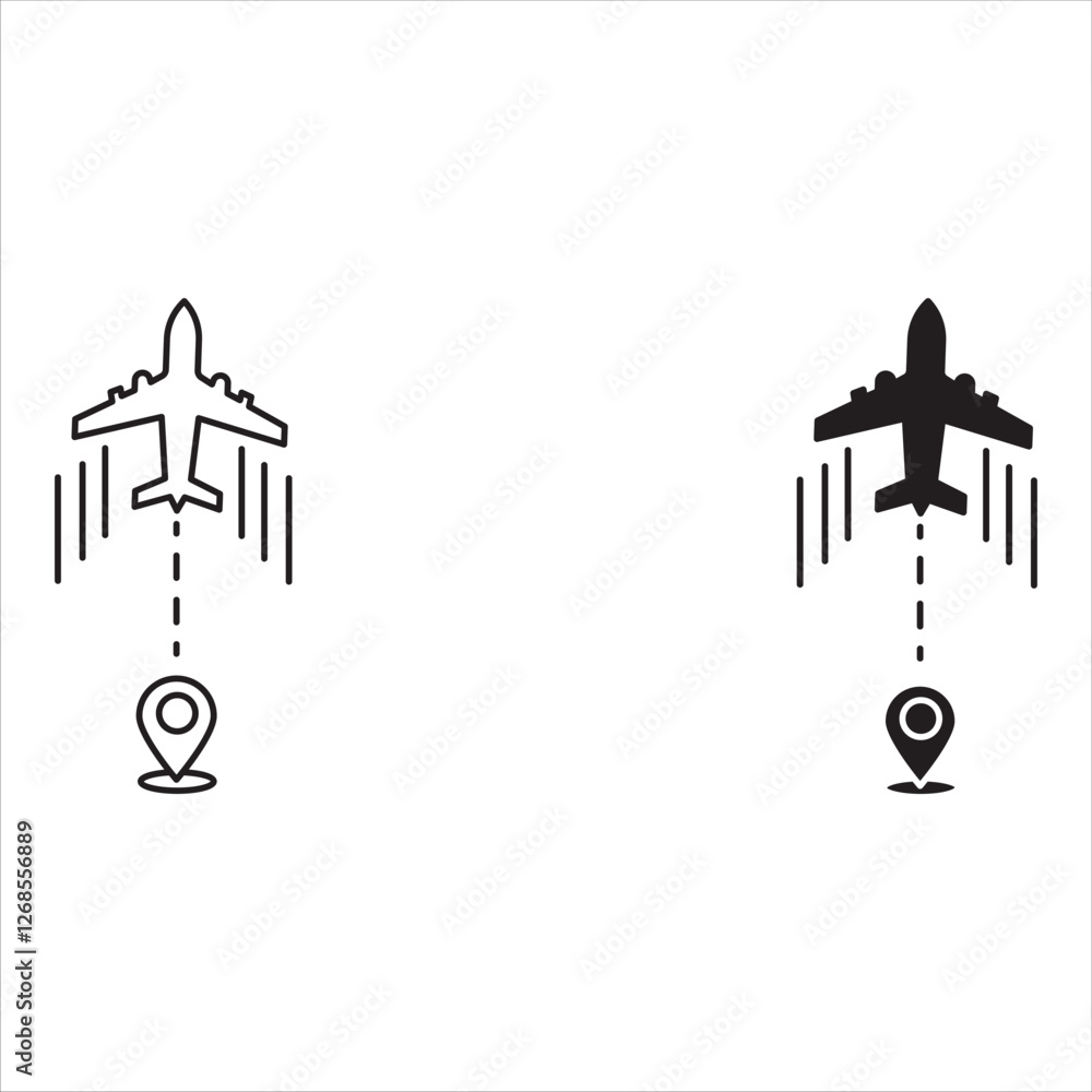 Poster set plane track to point with dashed line way or air lines, airplane icon on white background,