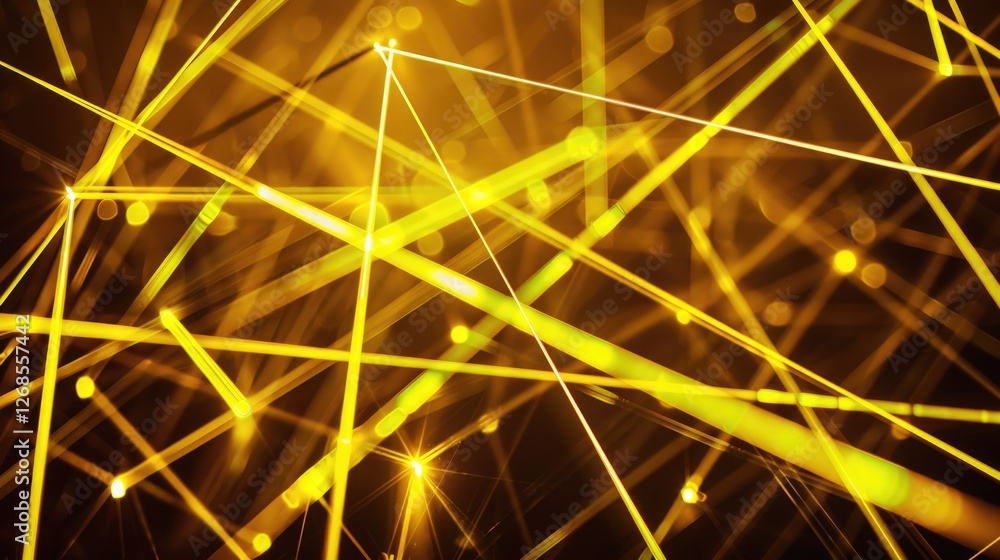 Poster a captivating display of bright yellow laser lines set against a deep black background, creating an 