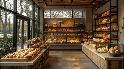 Bakery interior, bread display, city view, shelves, sunlight