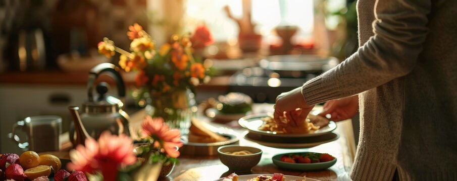 Vibrant menu arrange on tray by home cooking cooked by edible product on tray. Flavorful breakfast meal appetizer convey sense of delicious and nutritious. Food for energy in morning concept. AIG61.