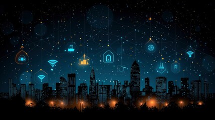 Smart City at Night Connected Urban Landscape with IoT Icons