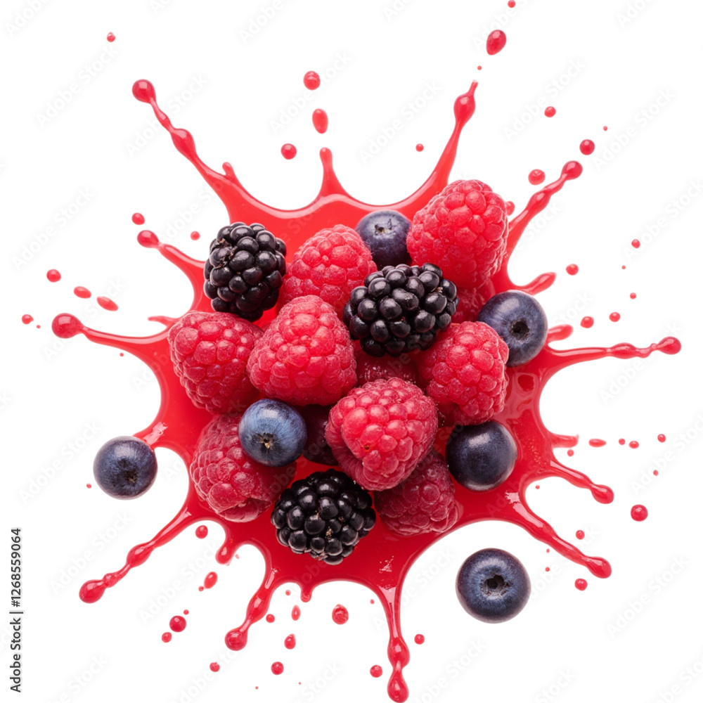 Poster fresh berries splashing in vibrant juice, creating colorful explosion