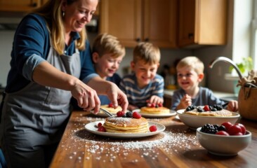 A cozy kitchen filled with the aroma of freshly made pancakes. A family gathers around the table. pancake day