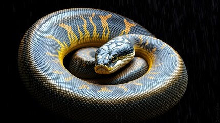 Obraz premium Coiled Anaconda Snake Close-up with Black and Yellow Scales