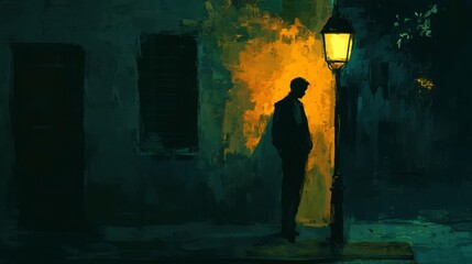 Obraz premium Shadowy figure of a man featureless and mysterious leaning against a lamppost in a quiet alley