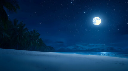 Tropical Beach Night Scene with Full Moon and Stars