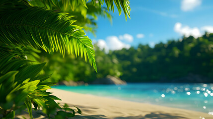Tropical Beach Paradise: Lush Green Ferns Frame Sunny Ocean View