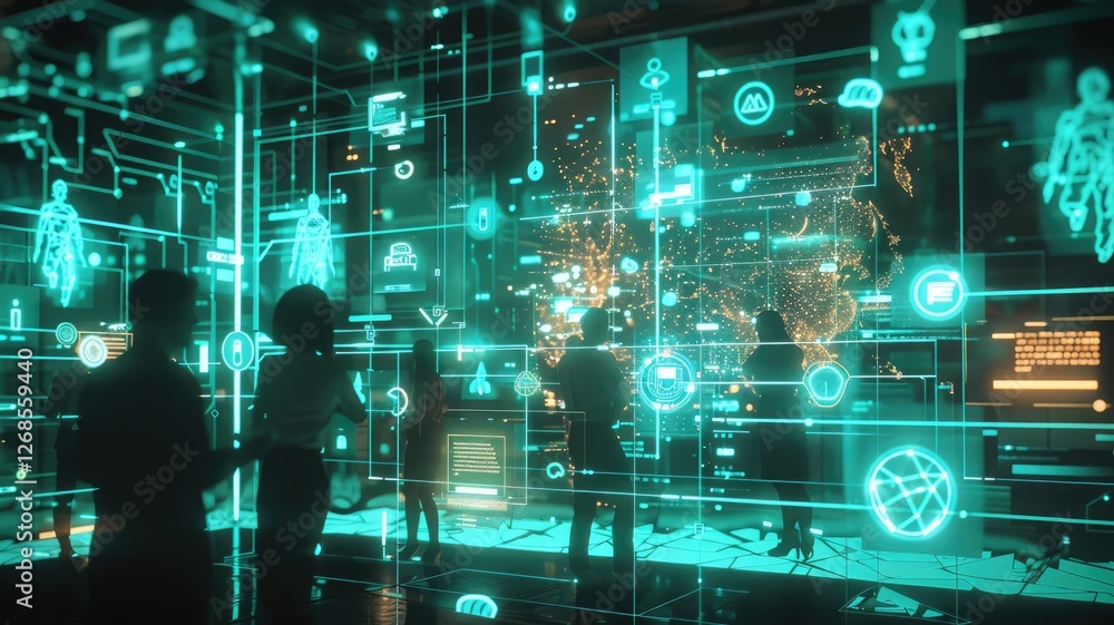 Poster a diverse team collaborates in a high-tech workspace, surrounded by dynamic digital projections. the