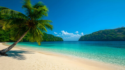 Fototapeta premium Tropical Beach Paradise: White Sand, Palm Tree, and Turquoise Water