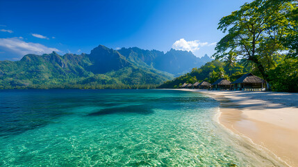 Tropical Beach Paradise with Turquoise Water and Lush Mountains