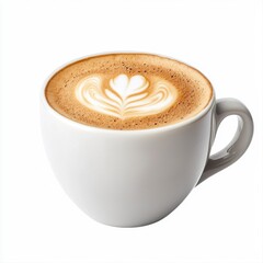 Cup of coffee with heart-shaped latte art and cappuccino isolated on white background