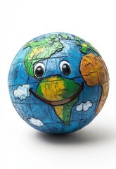 Cartoon smiling globe on white background.