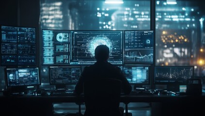 Hacker analyzing data, night city backdrop, cybersecurity