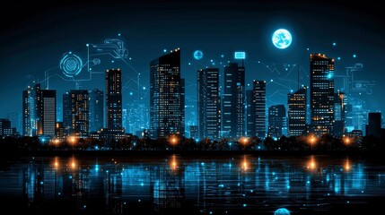 Futuristic Smart Cityscape at Night with Digital Network Overlay