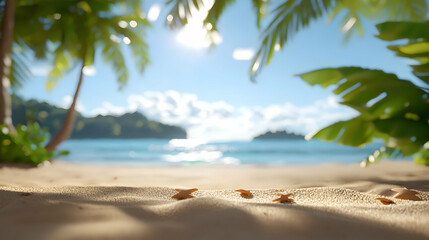 Fototapeta premium Tropical Beach Scene: Golden Sand, Palm Trees and Blue Ocean