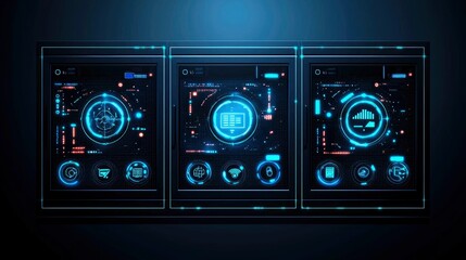 Fototapeta premium Futuristic Digital Interface Triple Screen Data Visualization Dashboard