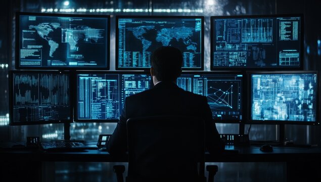 Analyst monitoring global data streams at night in a control center