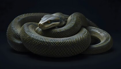 Fototapeta premium Coiled Green Tree Python Snake on Black Background Wildlife Concept
