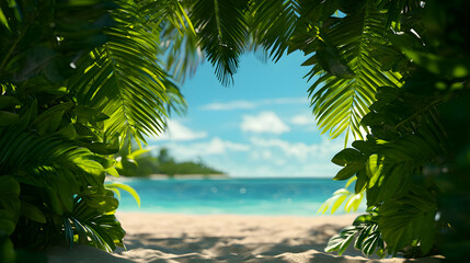 Tropical Beach Scene Through Lush Palm Fronds