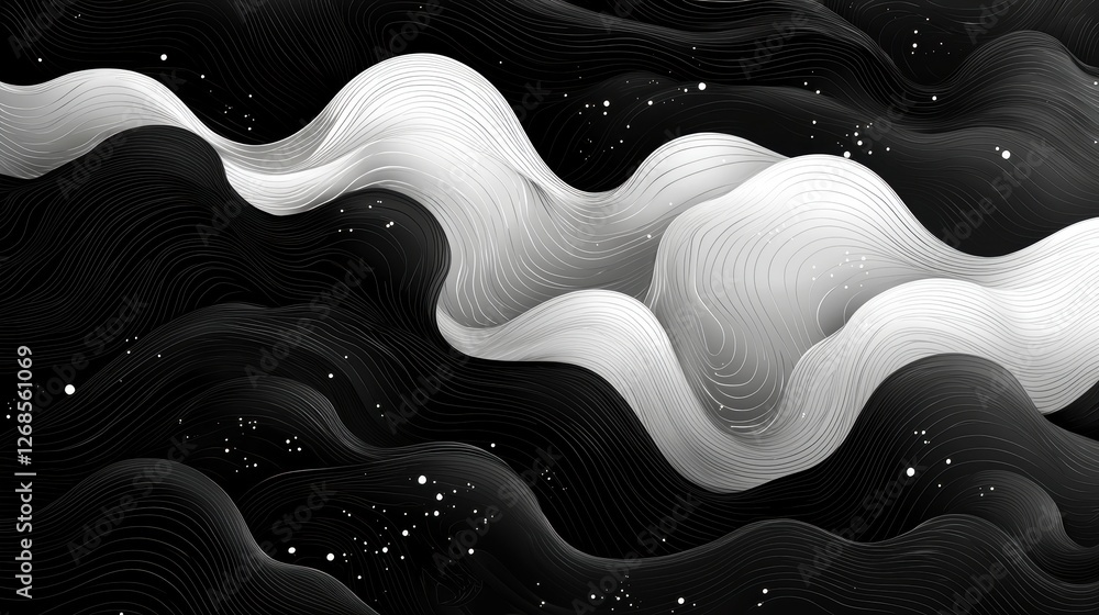 Poster abstract black and white waves with flowing lines and subtle stars.