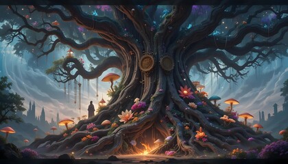 Fototapeta premium Mystical Ancient Tree with Flowers and Magical Lights in Fantasy Landscape