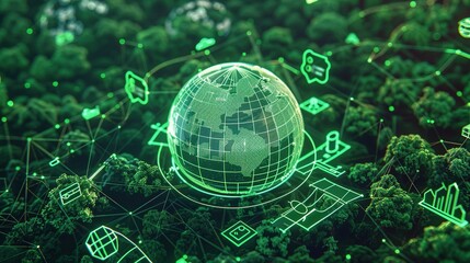 Green technology concept with Earth globe and eco-friendly icons of energy, food production, and transport in a green forest background, representing environmental protection and sustainability.