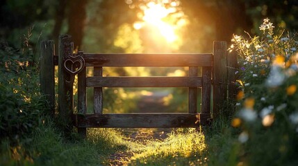Golden sunlight streams through rustic wooden gate leading to tranquil path. AI Generated