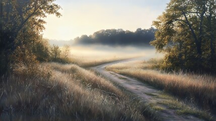 Serene morning mist enveloping a winding path through lush fields.