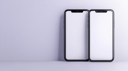 Two smartphones side by side on a white surface with mockups displayed at an angle