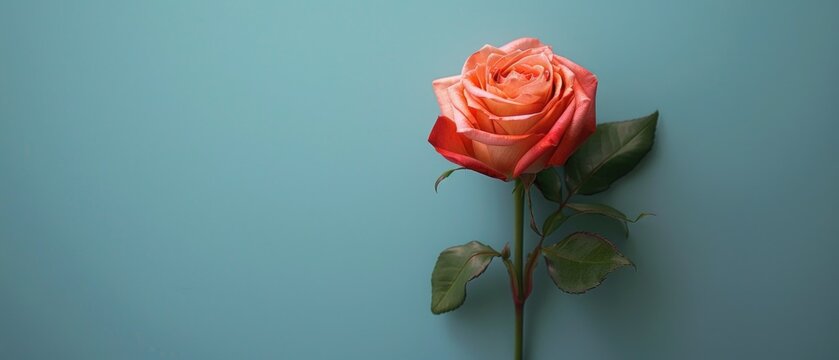 Single pink rose on a colorful background. Romantic and floral concept. Close up of pink or red roses or flower with green leaves placed on colorful background. Valentine decoration design. AIG55.