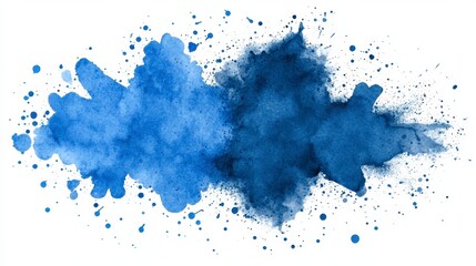 Obraz premium Blue ink splatters and vibrant watercolor splashes in various shades of blue on a white background