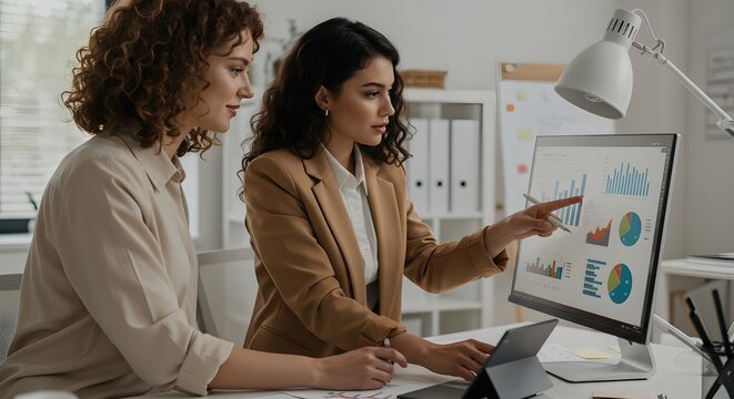 Two professional women analyze business data on a computer screen, pointing at charts and graphs while collaborating on financial analysis in a bright modern office setting