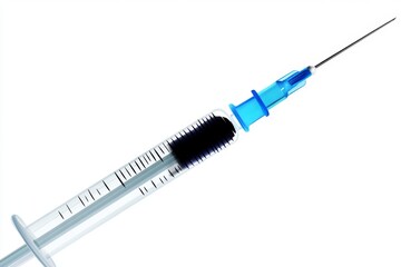 Syringe filled, needle sharp, white background, medical injection