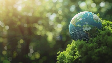 Green technology concept with Earth globe and eco-friendly icons of energy, food production, and transport in a green forest background, representing environmental protection and sustainability.