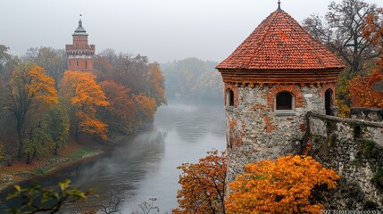 Naklejka premium Misty autumn landscape featuring a river, castle, and colorful foliage.