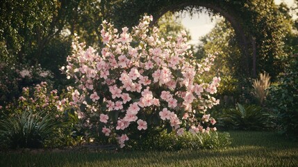 Obraz premium Lush pink flowers, garden, archway, sunlight