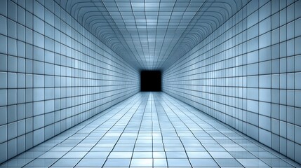 Cool blue tiled tunnel powerfully recedes into darkness creating a mysterious atmosphere. AI Generated