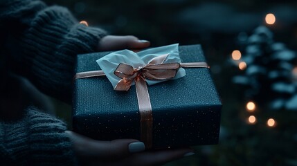 Woman's hands holding a dark gift box with a rose gold ribbon and bow outdoors at night.