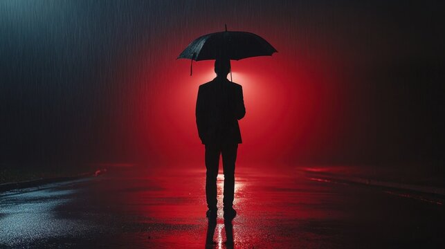Shadowy figure of a man standing alone with umbrella under dark night - Powered by Adobe