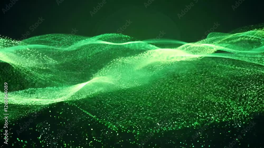 Sticker 4k animation showcasing dynamic green particles flowing screen forming mesmerizing digital landscape