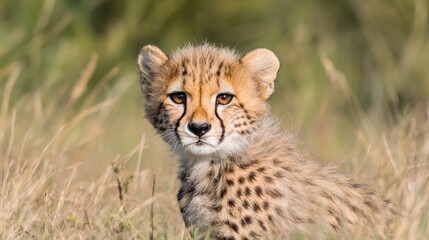 Obraz premium Young cheetah cub sitting attentively in a golden grassy savanna during bright daylight.
