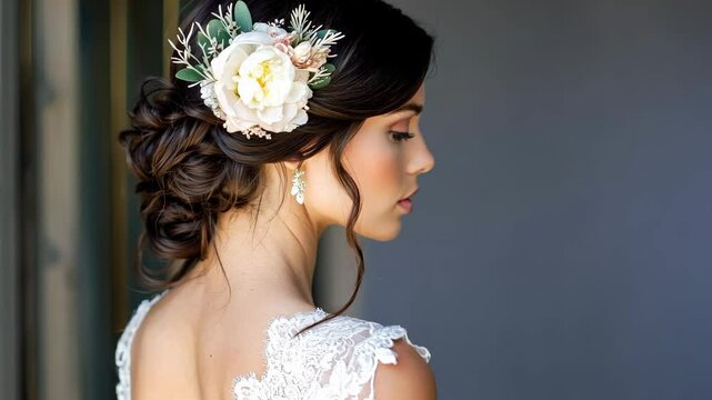 Elegant bride with floral hairpiece and classic updo in profile view.