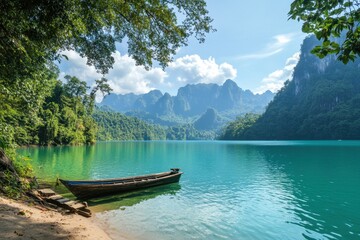 Obraz premium A tranquil scene showcasing a traditional boat moored by a serene lake, surrounded by lush green mountains and vivid blue waters, perfect for nature lovers.