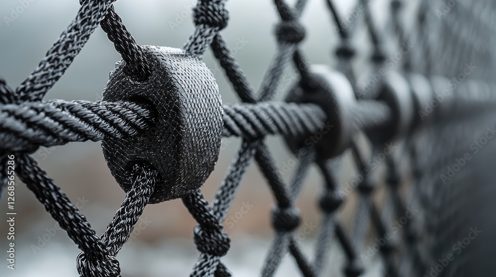 Poster close-up of a textured black rope netting with round fasteners.