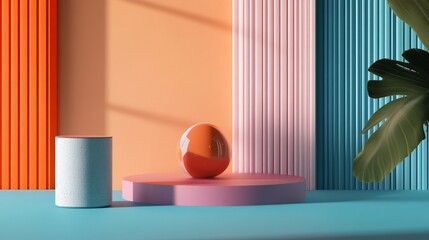 Abstract geometric composition with 3D shapes and plant, showcasing a modern design aesthetic