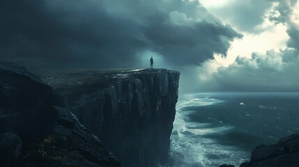 Shadowy figure of a man featureless and mysterious standing at the edge of a cliff overlooking a stormy ocean