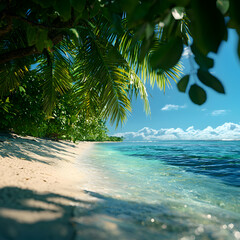 Naklejka premium Tropical Beach Scene with Palm Trees and Turquoise Water