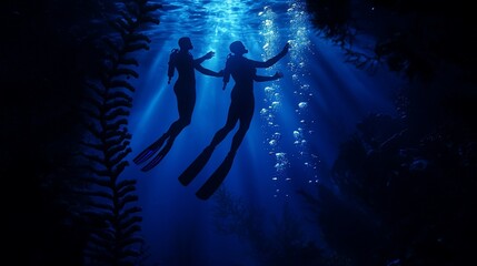 Fototapeta premium Silhouetted divers exploring underwater cave.