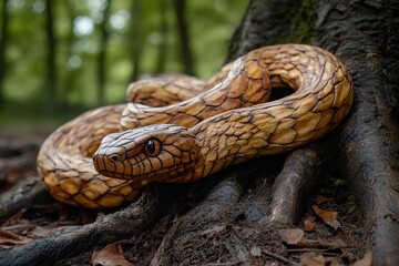 Naklejka premium Intricately Carved Wooden Snake Resting on Tree Roots